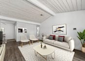 Thumbnail 1 of 35 - A living room with a white couch, a coffee table, and a painting on the wall.