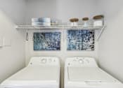Thumbnail 23 of 31 - A bathroom with two toilets and a shelf above them.