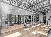 Thumbnail 11 of 33 - A gym with a variety of equipment including treadmills, weights, and exercise machines.