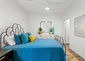 Thumbnail 6 of 30 - a bedroom with a bed with blue sheets and pillows