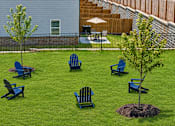 Thumbnail 3 of 37 - A small tree is planted in a circle of dirt in a yard with blue chairs.