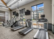 Thumbnail 10 of 25 - a gym with cardio equipment and windows with a view of the city