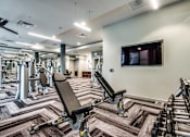 Thumbnail 10 of 22 - A gym with a variety of equipment including a bench press.