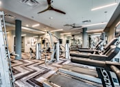 Thumbnail 11 of 22 - A gym with a variety of equipment including treadmills, weights, and a ceiling fan.