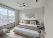 Thumbnail 27 of 33 - a bedroom with a large bed and a ceiling fan