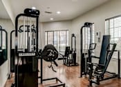 Thumbnail 9 of 22 - A gym with a row of black weight machines.