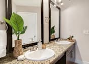 Thumbnail 4 of 20 - A bathroom with a sink, mirror, and a plant in a vase.