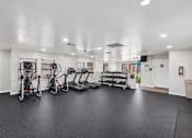 Thumbnail 20 of 26 - A gym with a row of exercise bikes and a rack of dumbbells.
