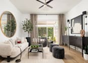 Thumbnail 4 of 21 - A living room with a white couch, a coffee table, and a large mirror on the wall.