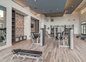 Thumbnail 30 of 36 - a gym with cardio equipment and weights on the floor