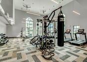 Thumbnail 14 of 33 - A gym with a variety of equipment including a punching bag.