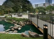 Thumbnail 12 of 23 - a bridge over a pond in a park with rocks