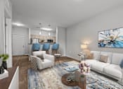 Thumbnail 1 of 17 - A living room with a white couch, a coffee table, and a painting on the wall.