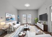 Thumbnail 2 of 17 - A modern living room with a white sofa, a coffee table, and a painting on the wall.