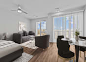 Thumbnail 18 of 42 - A modern bedroom with a large bed, a dining table with chairs, and a painting on the wall.