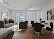 Thumbnail 19 of 42 - A modern living room with a grey sofa, a coffee table, and a dining table set up.