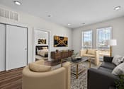 Thumbnail 1 of 42 - A modern living room with a glass coffee table and a large window.