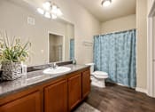 Thumbnail 38 of 39 - A bathroom with a toilet, sink, and shower curtain.