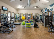 Thumbnail 8 of 39 - A gym with a variety of equipment including treadmills, weights, and a television.