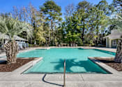 Thumbnail 14 of 39 - A swimming pool surrounded by palm trees and a house in the background.