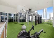 Thumbnail 31 of 66 - a gym with grass and weights on the floor and a view of the city