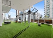 Thumbnail 29 of 66 - a gym on the roof of a building with green grass and a ball and weights