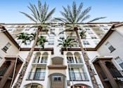 Thumbnail 2 of 40 - A tall building with balconies and palm trees in front.