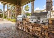 Thumbnail 17 of 19 - a barbecue grill on a stone wall in a backyard with palm trees