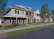 Thumbnail 21 of 37 - a rendering of a large brick house with a driveway and lawn