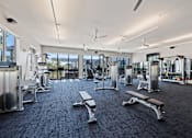 Thumbnail 19 of 33 - A gym with a variety of equipment including weights and benches.