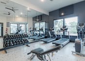 Thumbnail 14 of 39 - A gym with treadmills, weights, and exercise equipment.