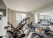 Thumbnail 15 of 35 - A gym with a variety of exercise equipment including treadmills, stationary bikes, and weight machines.