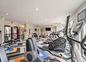 Thumbnail 14 of 35 - A gym with a variety of equipment including treadmills and stationary bikes.