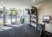 Thumbnail 35 of 45 - a workout room with a bike and a tv