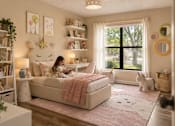 Thumbnail 7 of 52 - A girl is sitting on a bed with a unicorn headboard in a room with a window.