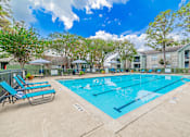Thumbnail 31 of 51 - A swimming pool surrounded by trees and lounge chairs.