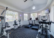 Thumbnail 25 of 51 - A gym with treadmills, elliptical machines, and a weight machine.