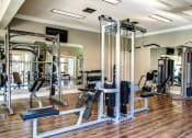 Thumbnail 10 of 22 - a gym with cardio equipment and weights on a wooden floor
