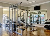 Thumbnail 9 of 22 - a gym with cardio machines and weights on a wooden floor