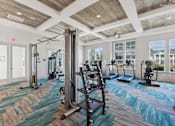Thumbnail 10 of 26 - A gym with a variety of equipment including treadmills, weights, and exercise bikes.
