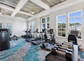 Thumbnail 12 of 26 - A gym with a variety of equipment including treadmills, elliptical machines, and dumbbells.