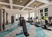 Thumbnail 9 of 26 - A gym with a variety of equipment including treadmills, weights, and exercise machines.