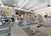 Thumbnail 15 of 20 - A gym with a variety of equipment including treadmills, weights, and exercise machines.