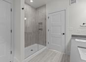 Thumbnail 17 of 24 - A bathroom with a walk-in shower and a white door.