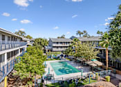 Thumbnail 2 of 29 - A pool surrounded by trees and apartment buildings.