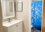 Thumbnail 10 of 19 - a bathroom with a sink and a mirror and a shower curtain