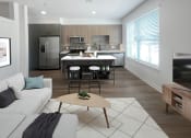 Thumbnail 3 of 22 - a living room with a kitchen in the background