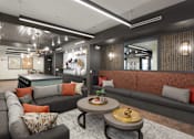 Thumbnail 8 of 25 - A modern living room with a grey sofa and a wooden coffee table.