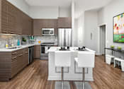 Thumbnail 5 of 25 - A modern kitchen with white and brown cabinets, a white countertop, and a painting on the wall.