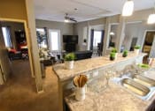 Thumbnail 2 of 15 - a kitchen with a counter top and a living room